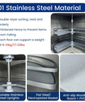 Two Tier Rotating Corner Cabinet Shelf With 360 Degree Swivel For Kitchen Pantry And Bathroom Non Slip Lazy Susan Organizer Rack For Cabinets Space Saving Storage Solution showing stainless steel material, thickened fence, and adjustable uprights.