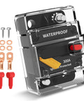 Front view of Beefy 300 Amp DC Circuit Breaker With Manual Reset Waterproof 12V 48V Battery Disconnect Switch for winches inverters trucks and boats rugged marine grade protection for massive power draw with additional components.