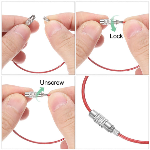 Hands demonstrating how to lock and unscrew 50 Pack Wire Keychain Cables 12 Inch Plastic Coated 1.5mm Stainless Steel Key Ring Loops