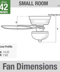 Conroy Onyx Bengal 42 Inch Low Profile Ceiling Fan With LED Light Kit And Pull Chain dimensions diagram for small rooms