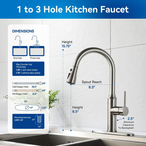 Top Shelf High Arc Pull Down Kitchen Faucet Delivering Three Quick Adjust Spray Patterns In Rust Resistant Brushed Nickel, dimensions and details.