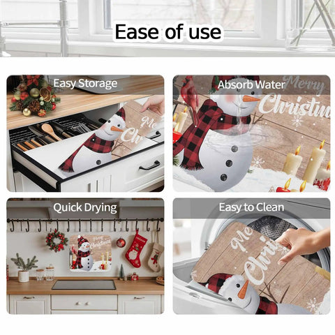 Holiday Themed Snowman Wood Grain Dish Drying Mat used for storage, water absorption, quick drying, and cleaning