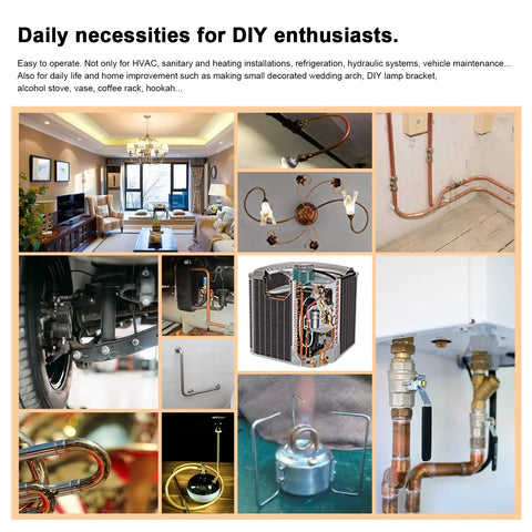 Collage of HVAC systems, plumbing, and DIY projects using 3 In 1 Tubing Bender For One Quarter, Five Sixteenth and Three Eighth Inch OD Tubing.