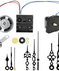 Chiming Clock Movement Replacement Kit with battery motor, chime melody trigger, and 3 hand sets shown in components layout.