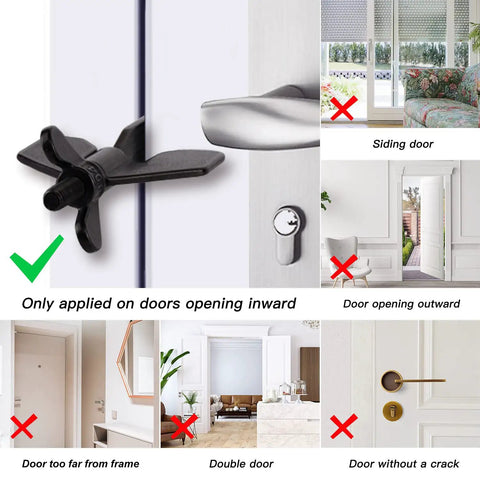 Portable Door Lock For Travel And Home Security With Extra Privacy, shown applied on inward-opening door with guide illustrations