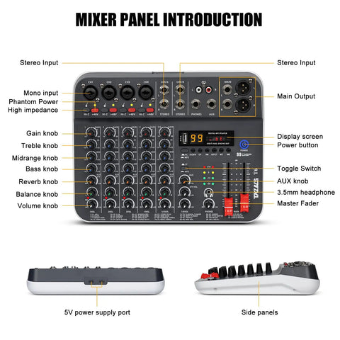 6 Channel USB Audio Interface DJ Mixer With Bluetooth MP3 Playback And 48V Phantom Power Unpowered Studio Mixer control panel
