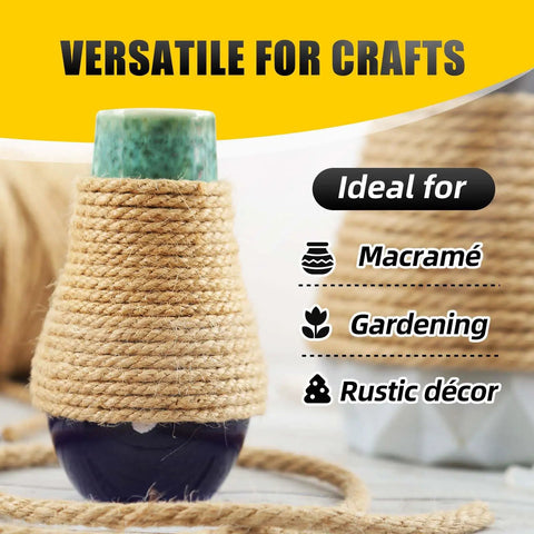 Natural Jute Twine Rope 8mm By 50ft Heavy Duty Roll crafted into a vase cover, suitable for macramé, gardening, rustic décor.