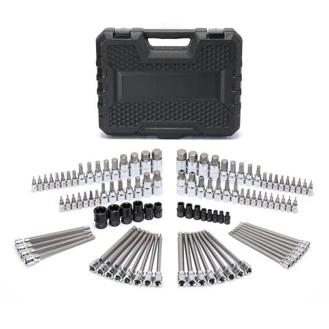 Beefy 107-Piece Bit Socket Set With 1/4-Inch, 3/8-Inch, And 1/2-Inch Drives displayed with sturdy black case.