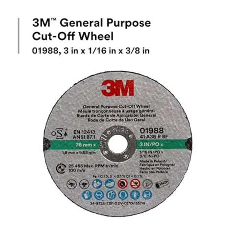 General Purpose Cut Off Wheel 3 In 1/16 In By 3/8 In Resin Bonded For Fast Cut Auto Body Sheet Metal Durable Reinforced Wheel