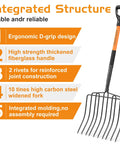 Wide Head Pitch Fork For Manure And Hay, Beefy Heavy Duty 14.96 Inch Head With 10 Tines, Unbreakable Fiberglass Handle, ergonomic grip