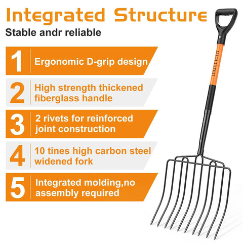 Wide Head Pitch Fork For Manure And Hay, Beefy Heavy Duty 14.96 Inch Head With 10 Tines, Unbreakable Fiberglass Handle, ergonomic grip