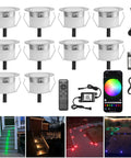 Lit LED Deck Lights Kit 10 Pack RGBW Recessed Low Voltage In Ground Lighting with Smartphone Control shown with accessories