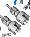 2pc Dual Function Pipe Threader Tool Set For Pvc Pipe 1/2 Inch 3/4 Inch And 1 Inch Die Compatible With Electric Drill For Home Plumbing Repairs showing durable silver threading dies.
