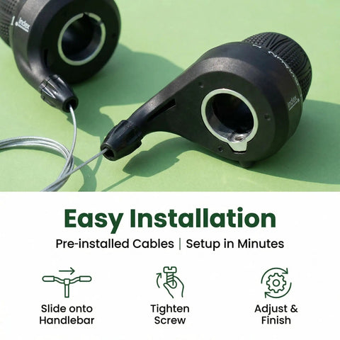 21 Speed Twist Shifter Set With Left And Right Revoshift Grips For Mountain And Hybrid Bikes 3x7 Gear System Includes Left 3-Speed And Right 7-Speed Shifters Easy Install Durable Grip Shifter With Grips, showing easy installation with pre-installed cables on green background