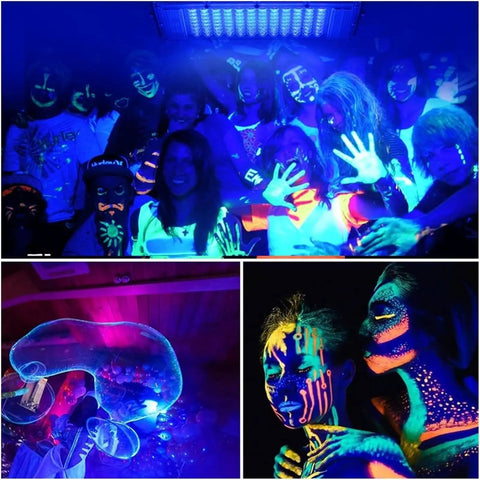 Group enjoying a glow party with painted faces under JUDYSSY Security Lights Outdoor Led Uv Black Light, Blacklight Flood Light Wit.