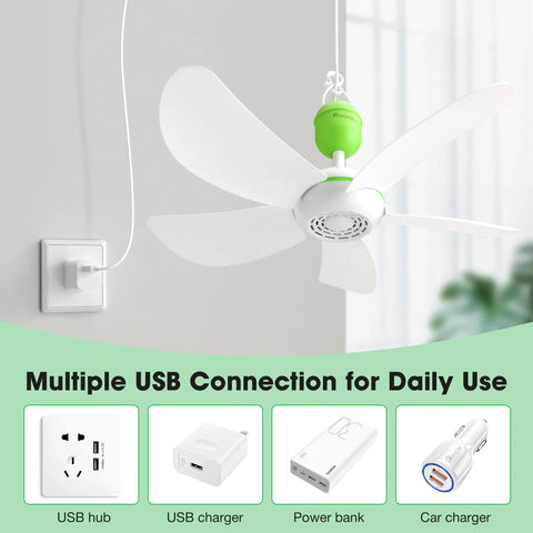 17 Inch USB Ceiling Fan for Camping And Outdoor Use Portable Tent Gazebo RV Cruise With On Off Button And 13.2 Foot Cord Five Blade Design Lightweight Air Circulator For Power Bank Or Laptop hanging from ceiling with USB connections.