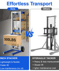 Manual Material Lift Winch Stacker With Adjustable Height From Three Point Five Four Inches To Seventy Inches 500 Pound Capacity