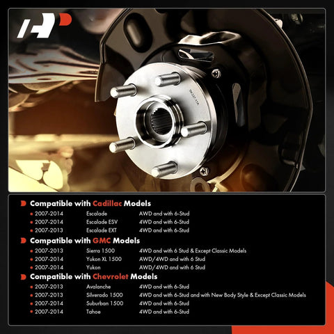 Front view of Front Wheel Bearing Hub Assembly For 4WD Chevy Silverado 1500 Tahoe Suburban Avalanche GMC Sierra 1500 Yukon XL 1500 Cadillac Escalade ESV EXT With Six Lug And ABS, showcasing 6-lug pattern.