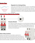 DC Miniature Circuit Breaker Two Pole 25 Amp 1000V DC Isolator For Solar PV System With Thermal Magnetic Trip DIN Rail Mount DC Disconnect Switch For Overload And Short Circuit Protection, showing front and side view details with polarity markings and silver alloy contacts.