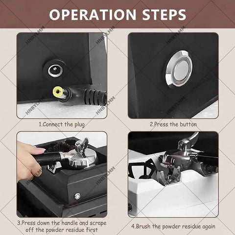 Operation steps for No Sweat Electric Portafilter Cleaning Machine And Espresso Knock Box With Integrated Scraper Brush Holder.