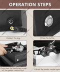 Step-by-step operation of the Game Changing Electric Portafilter Cleaner And Espresso Knock Box, showing connections and button use.