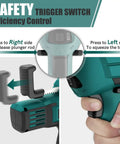 Safety trigger switch on Cordless Caulking Gun Kit With Six Speed Control For Caulking Filling Sealing And Adhesive Dispensing.