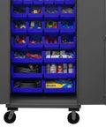 Top Shelf Industrial Rolling Steel Storage Cabinet Built Straight Up With Thirty Blue Sorting Bins Secure Locking Doors And Smooth Caster Wheels For Garage Organization organized with tools and supplies in blue bins.