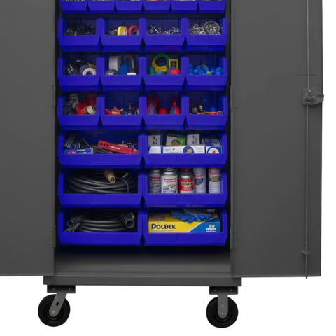 Top Shelf Industrial Rolling Steel Storage Cabinet Built Straight Up With Thirty Blue Sorting Bins Secure Locking Doors And Smooth Caster Wheels For Garage Organization organized with tools and supplies in blue bins.