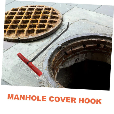 Heavy Duty Multi Function Manhole Cover Lifter With Thick T Shaped Handle For Roller Shutters And Sliding Doors Top Notch No Sweat Pulling Tool Set Pro Grade near an open manhole.