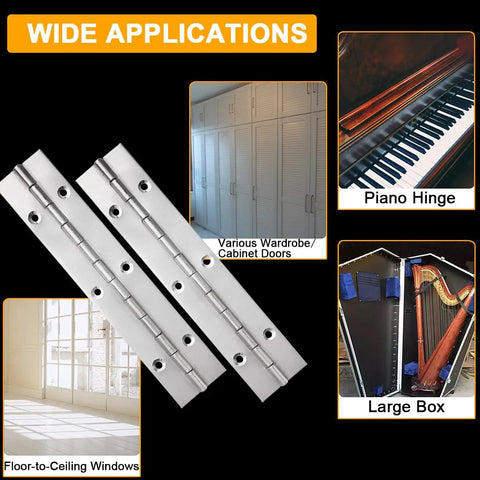 Premium 6 Inch Heavy Duty Piano Hinge Set Built Tough From 304 Stainless Steel With A 1 2 Inch Span and holes for cabinet doors.