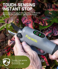 Y10 Pro Cordless Electric Pruning Shears With Brushless Motor cutting plant next to leaves, LED display visible