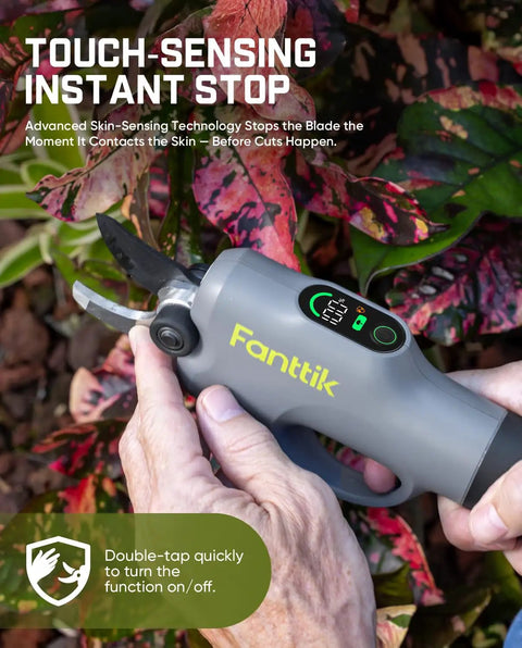 Y10 Pro Cordless Electric Pruning Shears With Brushless Motor cutting plant next to leaves, LED display visible