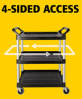 Heavy Duty Three Shelf Rolling Service Cart Built To Haul For Foodservice Restaurant Cleaning And Warehouse Or Garage Use 200 Lb Capacity Black Durable Rust Resistant Easy Maneuverable Ergonomic Handle, 4-sided access three-shelf cart