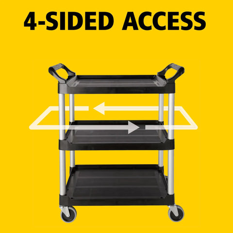 Heavy Duty Three Shelf Rolling Service Cart Built To Haul For Foodservice Restaurant Cleaning And Warehouse Or Garage Use 200 Lb Capacity Black Durable Rust Resistant Easy Maneuverable Ergonomic Handle, 4-sided access three-shelf cart