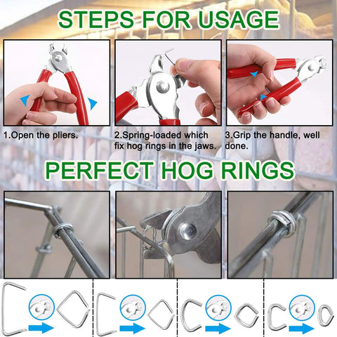 Steps for using Galvanized Hog Ring Kit with Bent Pliers 300 Piece Set for securing hog rings on animal cages.