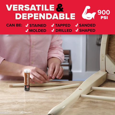 Person using KwikWood Wood Repair Epoxy Putty Stick 1 Oz Beige Tan for rotted wood repairs on chair leg, visible 900 psi strength.
