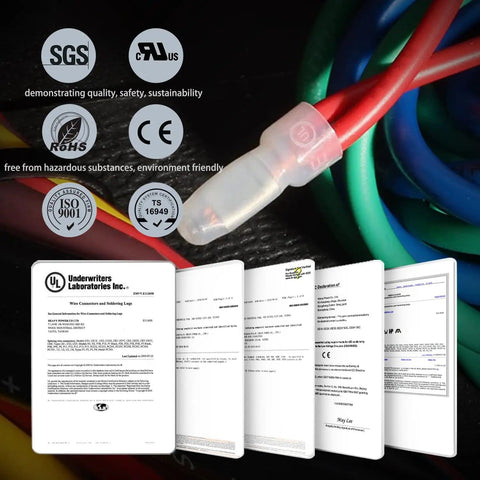 Close-up of Assorted Closed End Crimp Connector Kit For 22-18, 16-14, And 12-10 AWG With Tinned Copper Core, UL listed documents