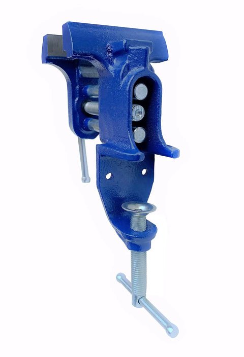 Handy 3 Inch Woodworking Vise Clamp For Home Shop Portable Table Vise in blue finish, showing front view with clamp on steel slide rail.