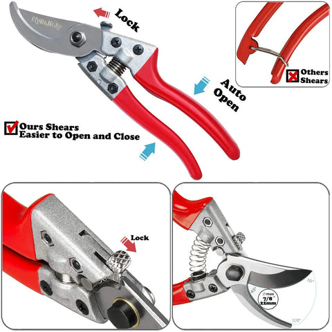 Workhorse Pruning Shears With Stainless SK5 Steel Blades Bypass Garden Shears Straight Tip Florist Scissors Hand Pruners Garden Clippers Heavy Duty Gardening Tools Set Red