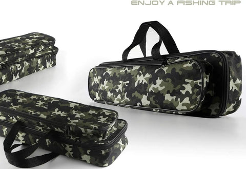 Camouflage carry bag for Beginner Friendly Fishing Rod And Reel Combo Kit with Two Telescopic Poles and accessories.
