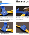 Easy entry design of 150 Pcs Solderless Quick Splice Wire Connectors Kit for 22 to 10 AWG, blue connector demonstration
