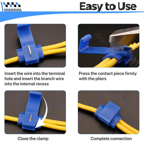 Easy entry design of 150 Pcs Solderless Quick Splice Wire Connectors Kit for 22 to 10 AWG, blue connector demonstration