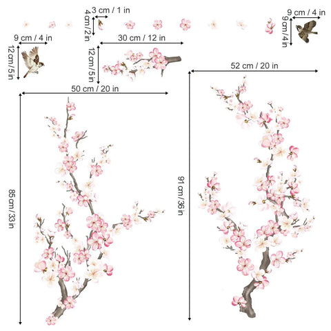 Cherry Blossom Wall Decals Set With Pink And White Flowers And Tree Branches Peel And Stick Wall Art For Living Room And Bedroom Durable Waterproof Self Adhesive PVC Matte Totally Easy To Apply No Residue Left Behind shown with dimensions and floral details