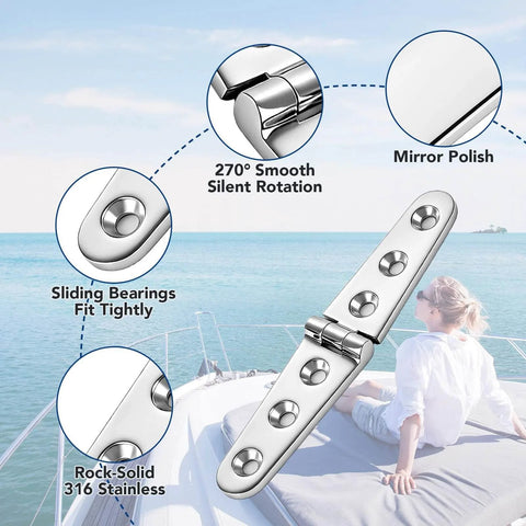 Diagram of Heavy Duty Flat Strap Hinge Symmetrical Marine Grade 316 Stainless Steel for boat hatches, showing features like mirror polish.