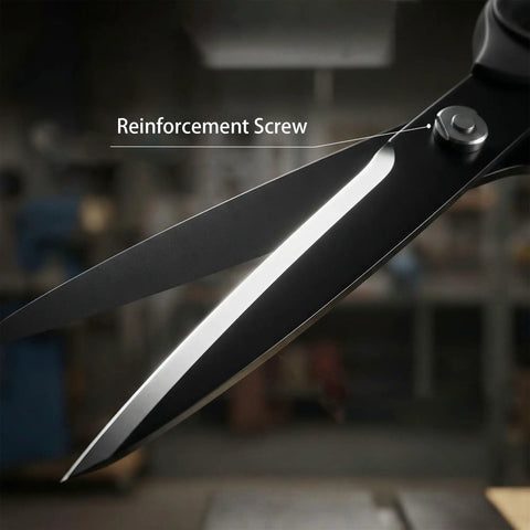 10 Inch Heavy Duty All Purpose Scissors For Office And Crafts With Reinforced Pivot Thick Stainless Steel Blades Rock Solid Tension No More Jams Built To Last For Paper Fabric Cardboard close-up of reinforcement screw