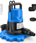 One HP Automatic Pool Cover Pump with 5000 GPH Submersible Water Removal, blue and black design, 26 Foot Power Cord, accessories view