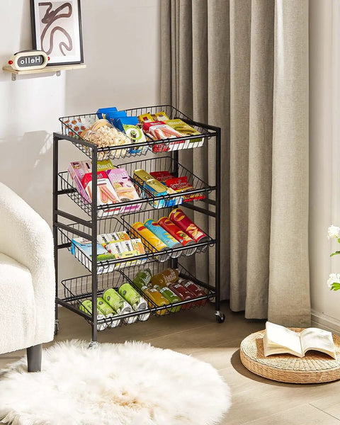25.2 Inch Wide Kitchen Storage Cart With Four Tier Basket System Rolling Metal Pantry Organizer Removable Baskets For Onion And Potato Storage Fruits And Veggies Black showing contents