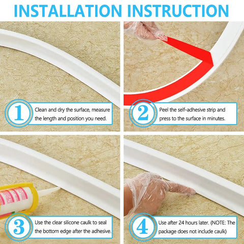 Collapsible 67 Inch Shower Threshold Water Dam Barrier for Wet Dry Separation installation steps with adhesive strip