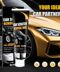 New Upgraded Car Scratch Remover For Deep Scratches in box and tube, shown beside golden car