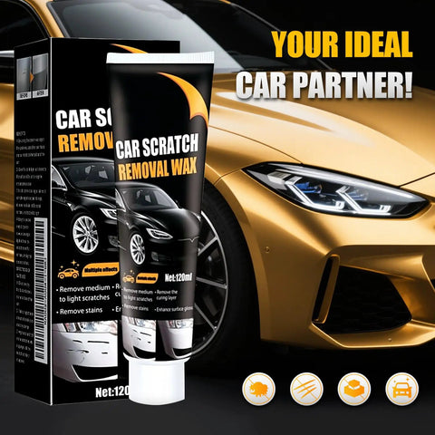 New Upgraded Car Scratch Remover For Deep Scratches in box and tube, shown beside golden car